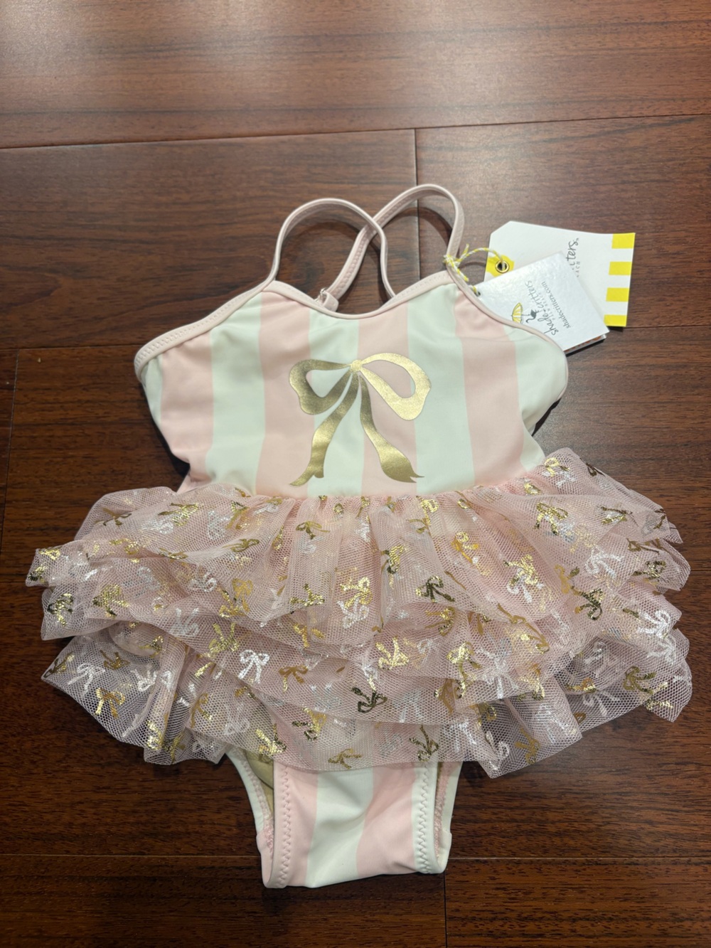Pink & White Striped Tutu One-Piece Bodysuit with Gold Bow Accent